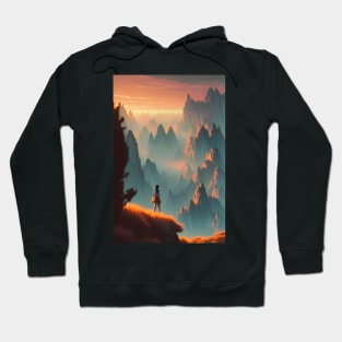 Cute Anime Girl - Mountain Range at Sunset Landscape Hoodie